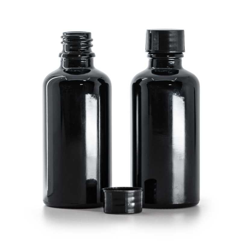 Schwarz glänzende Glasflasche, schwarzer Deckel, 50 ml