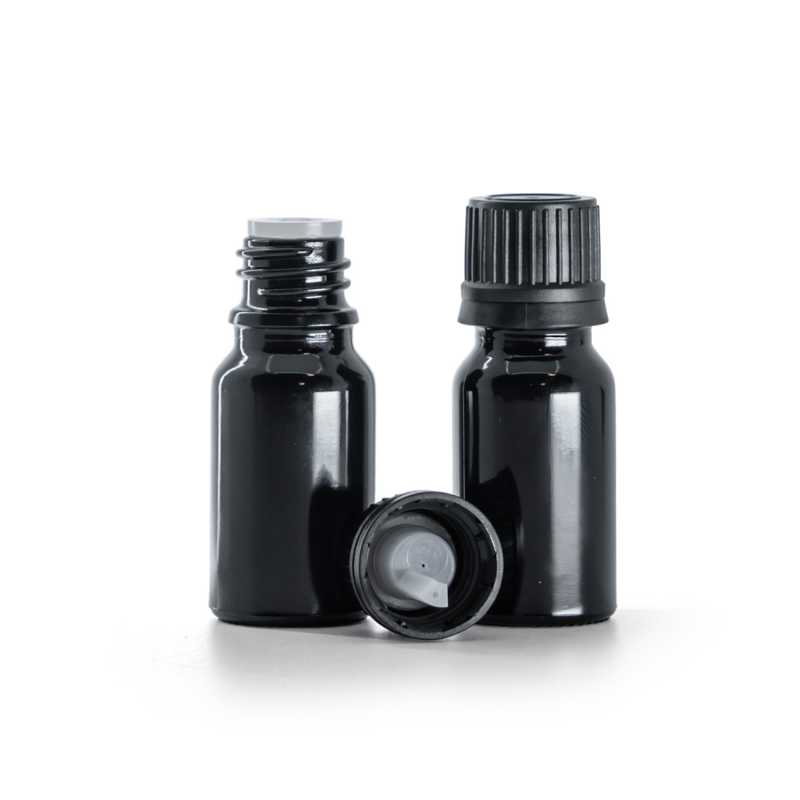 Glänzend schwarze Glasflasche, schwarze Kappe und Tropfer 10 ml