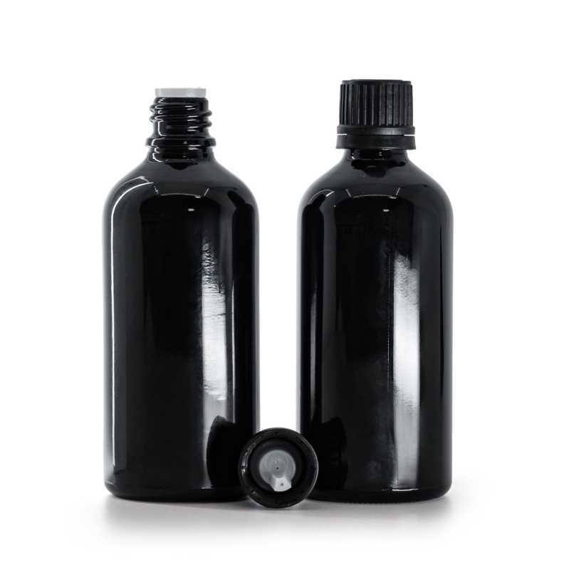 Glänzend schwarze Glasflasche, schwarze Kappe und Tropfer 100 ml