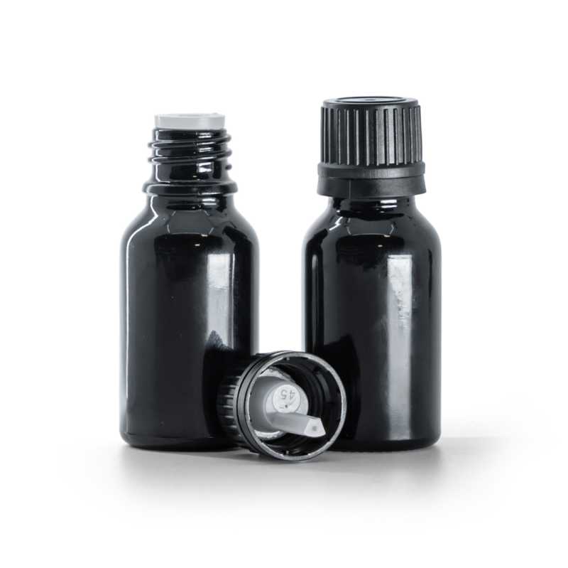 Glänzend schwarze Glasflasche, schwarze Kappe und Tropfer 15 ml