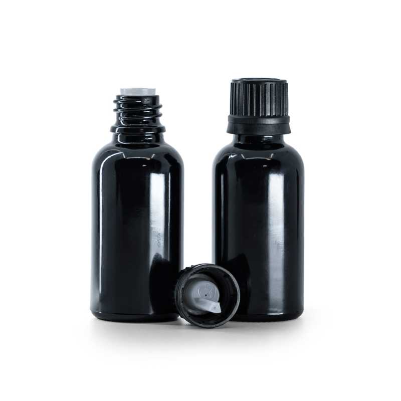 Glänzend schwarze Glasflasche, schwarze Kappe und Tropfer, 30 ml