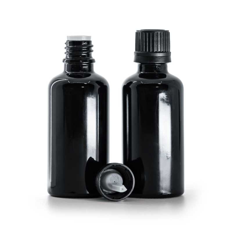 Glänzend schwarze Glasflasche, schwarze Kappe und Tropfer 50 ml