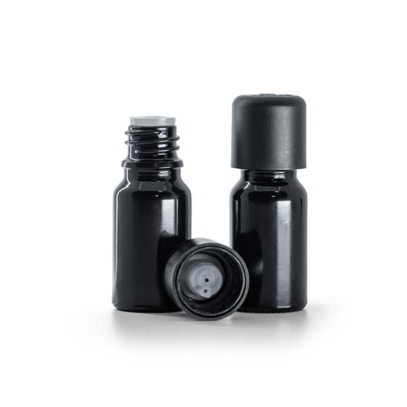 Schwarz glänzende Glasflasche, schwarze Sicherheitsverschlusskappe und Tropfer 10 ml