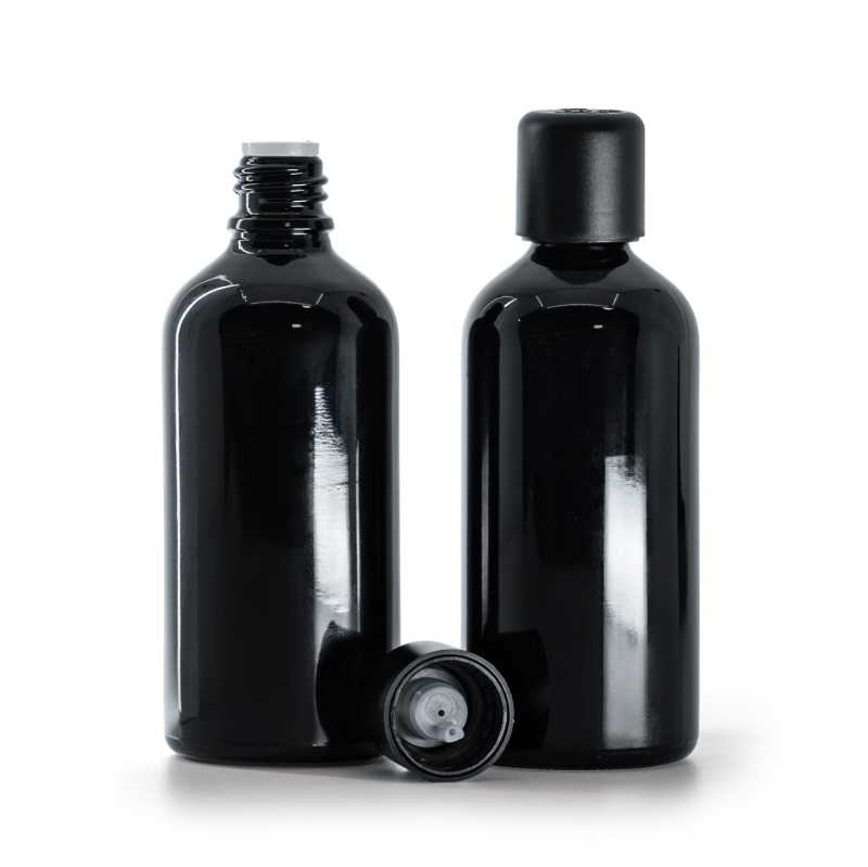 Schwarz glänzende Glasflasche, schwarzer Sicherheitsverschluss und Tropfer, 100 ml