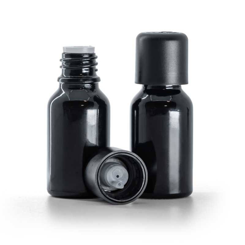 Glänzend schwarze Glasflasche, schwarze Sicherheitsverschlusskappe und Tropfer, 15 ml