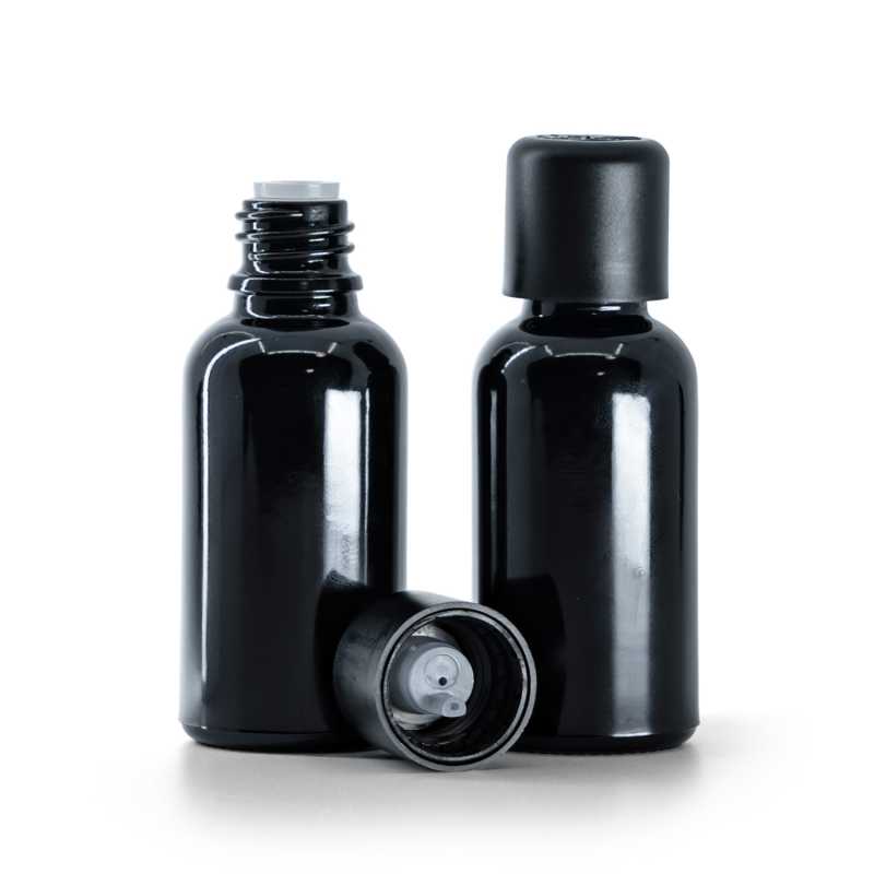 Schwarz glänzende Glasflasche, schwarzer Sicherheitsverschluss und Tropfer, 30 ml