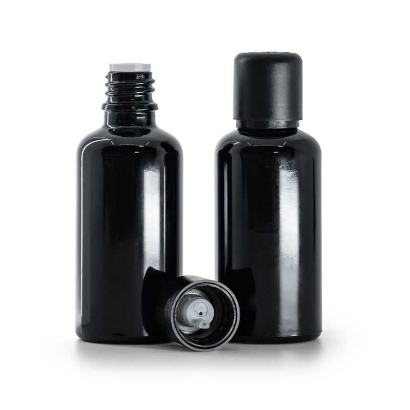 Schwarz glänzende Glasflasche, schwarzer Sicherheitsverschluss und Tropfer, 50 ml