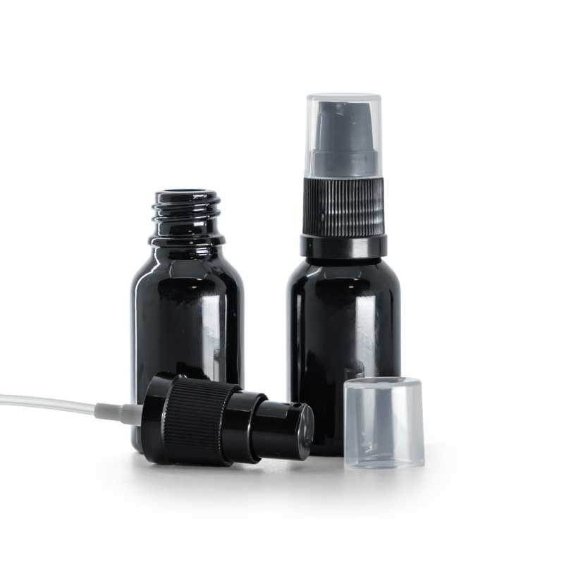 Schwarzglänzende Glasflasche, Lotionpumpe, 15 ml