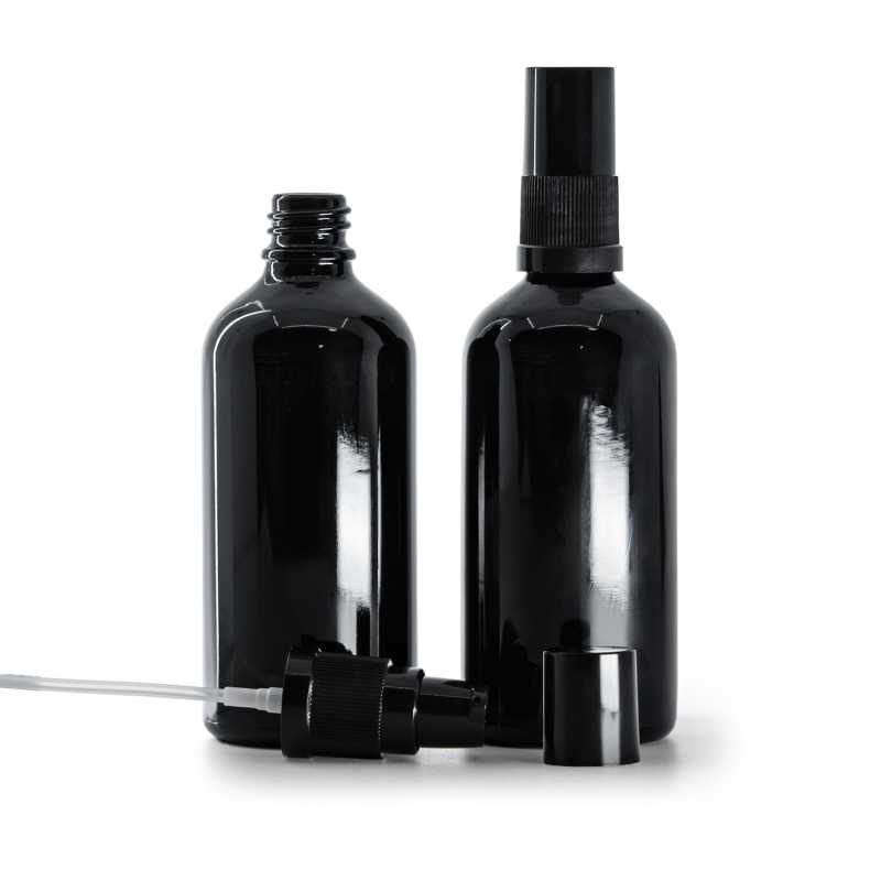 Schwarzglänzende Glasflasche, Lotion-Pumpe mit schwarzem Überkappe, 100 ml