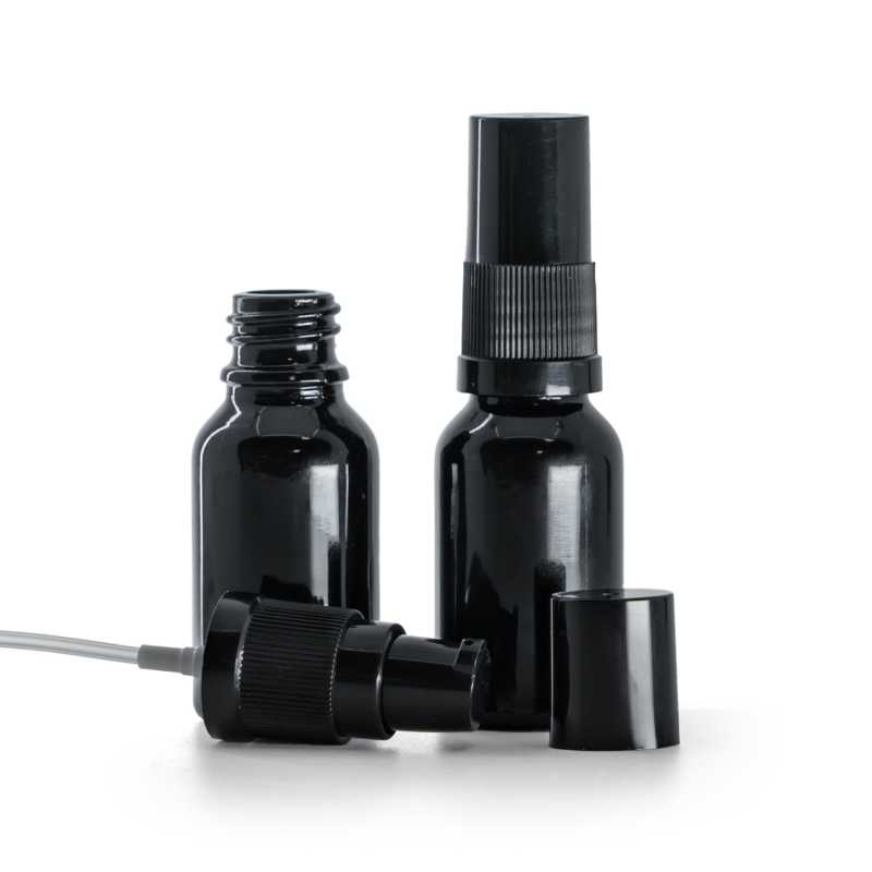 Schwarzglänzende Glasflasche, Lotionpumpe mit schwarzer Kappe, 15 ml