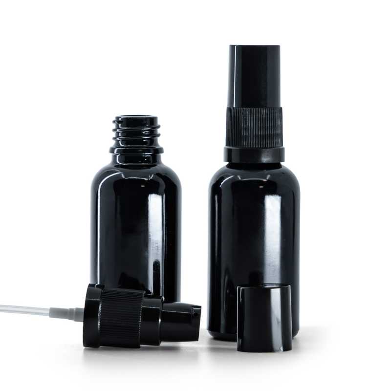 Schwarzglänzende Glasflasche, Lotion-Pumpe mit schwarzem Überkappe, 30 ml