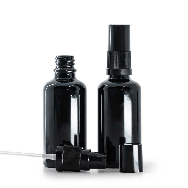 Schwarzglänzende Glasflasche, Lotion-Pumpe mit schwarzem Überkappe, 50 ml