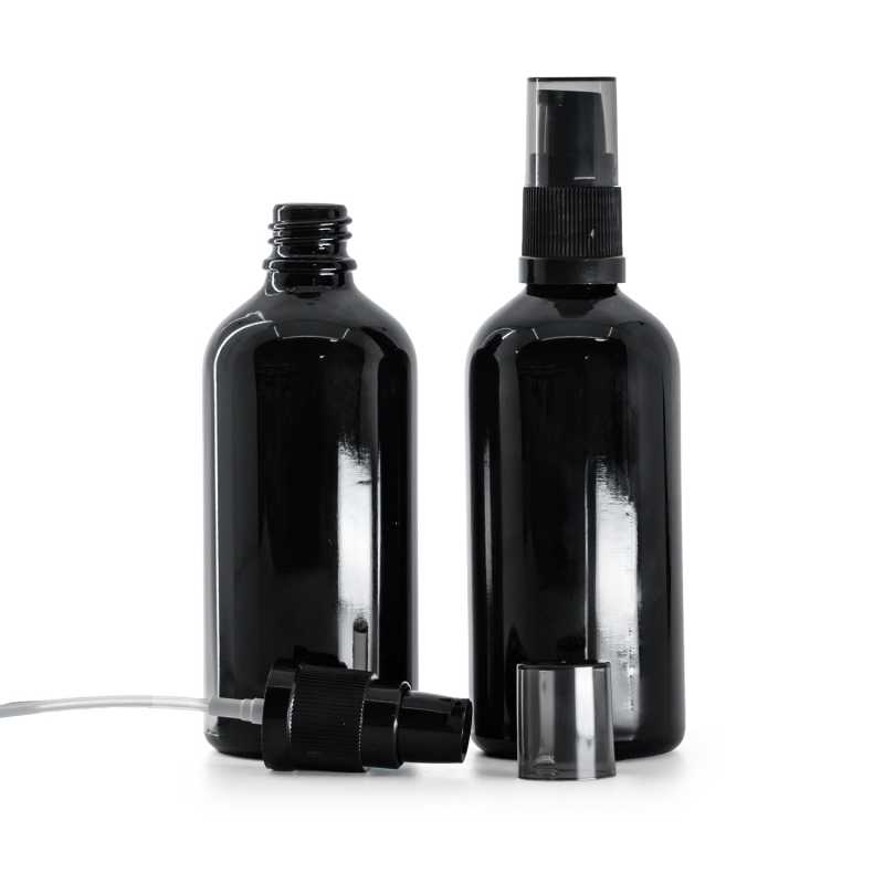 Glasfläschchen, schwarz glänzend, Lotionpumpe mit rauchfarbener Überkappe, 100 ml