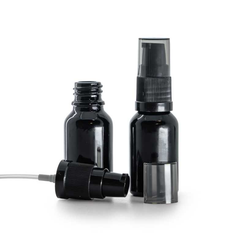Glasfläschchen, schwarz glänzend, Cremespender mit rauchfarbener Überkappe, 15 ml