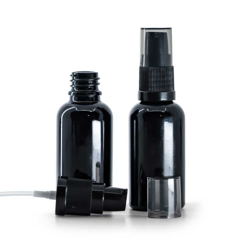 Glasfläschchen, schwarz glänzend, Cremespender mit rauchfarbener Überkappe, 30 ml