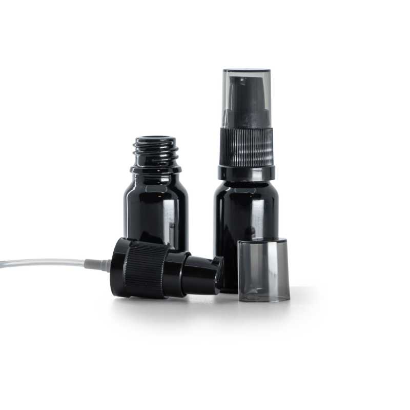 Schwarzglänzende Glasflasche, Lotion-Pumpe mit rauchfarbenem Überkappe, 10 ml