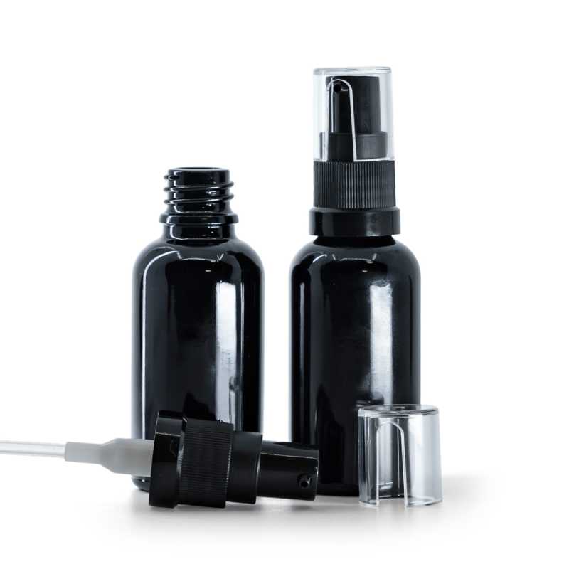 Schwarz glänzende Glasflasche, Ölpumpe, 30 ml