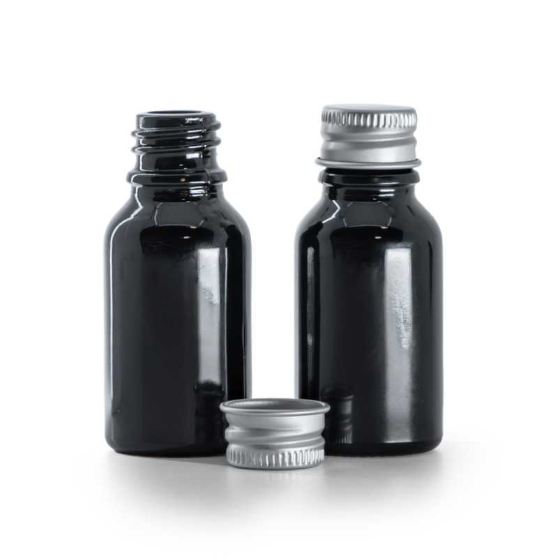 Schwarz glänzende Glasflasche, silberne Aluminiumkappe, 15 ml