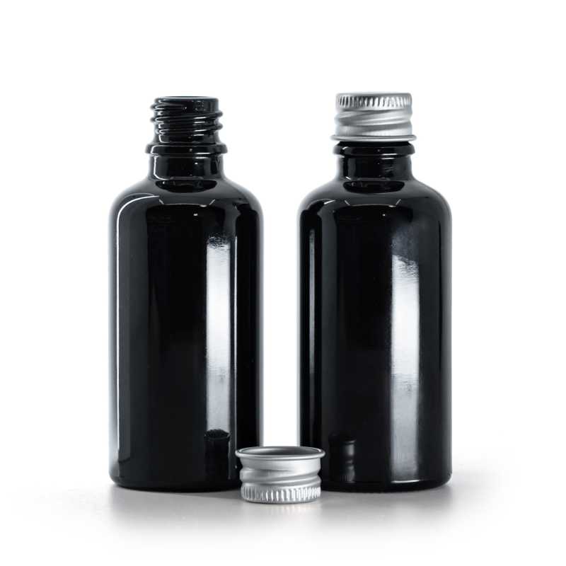 Schwarz glänzende Glasflasche, silberner Aluminiumdeckel, 50 ml