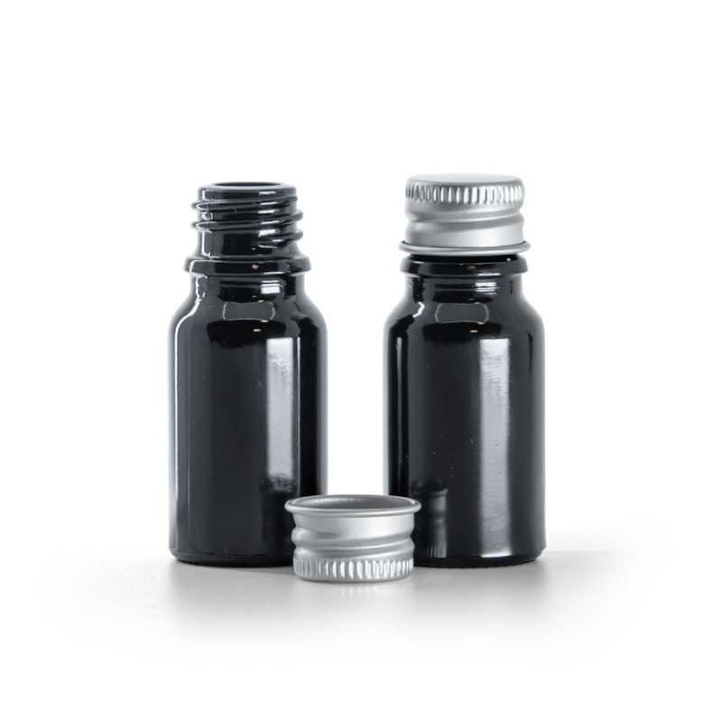 Flakon, Glas, schwarz glänzend, 10 ml, Aluminiumverschluss, silber
