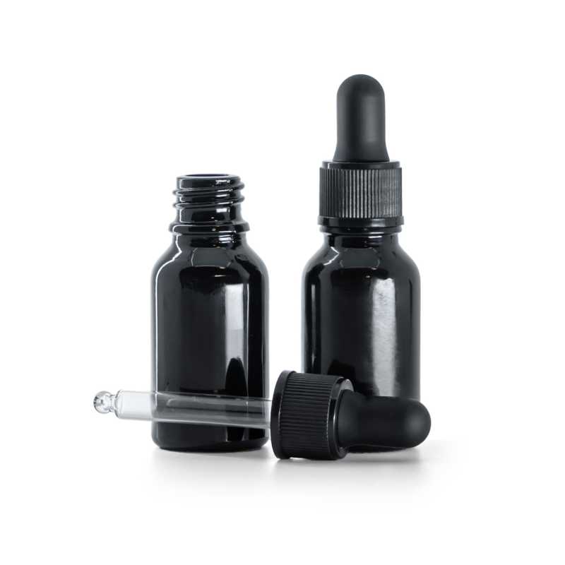 Glänzend schwarze Glasflasche, mattschwarzer Tropfenzähler, 15 ml