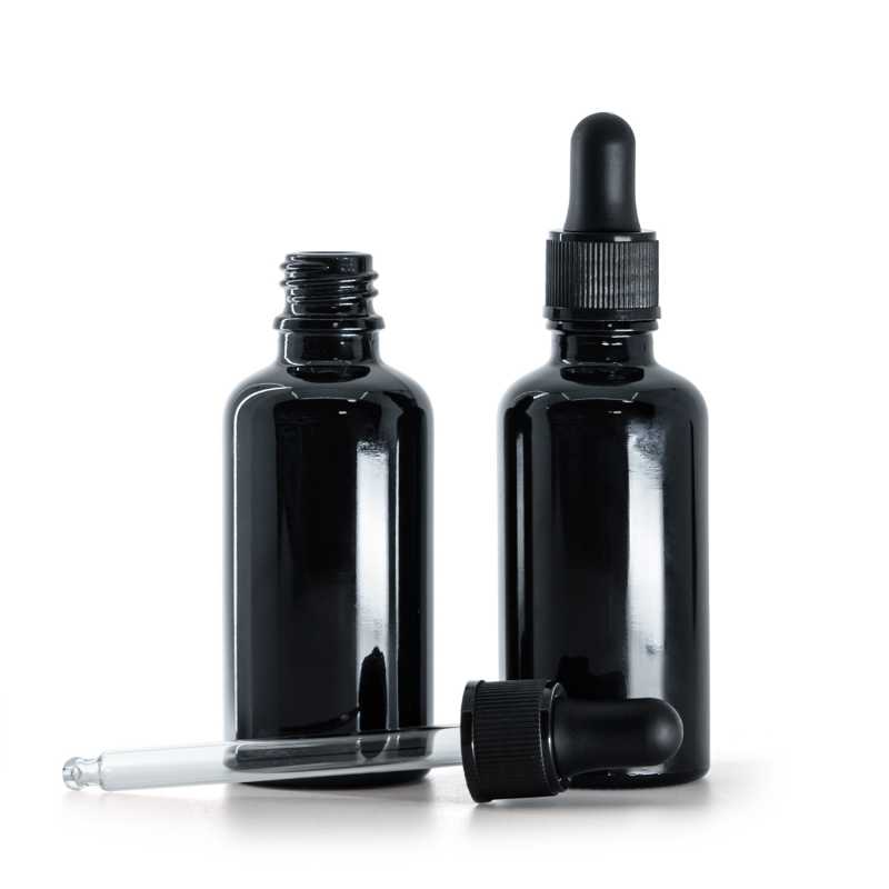 Glänzend schwarze Glasflasche, mattschwarzer Tropfenzähler, 50 ml