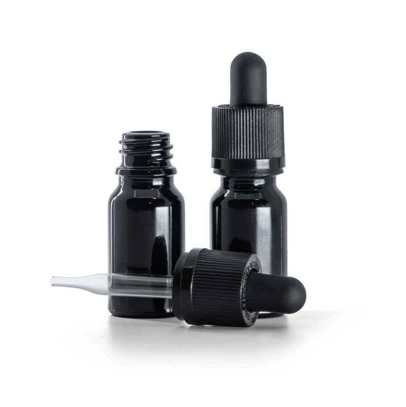 Glänzend schwarze Glasflasche, schwarzer Sicherheitstropfer mit Manipulationssicherung, 10 ml