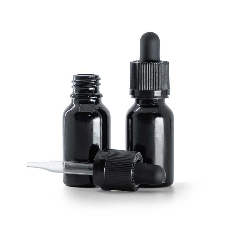 Glänzend schwarze Glasflasche, schwarzer Sicherheitstropfer mit Manipulationssicherung, 15 ml