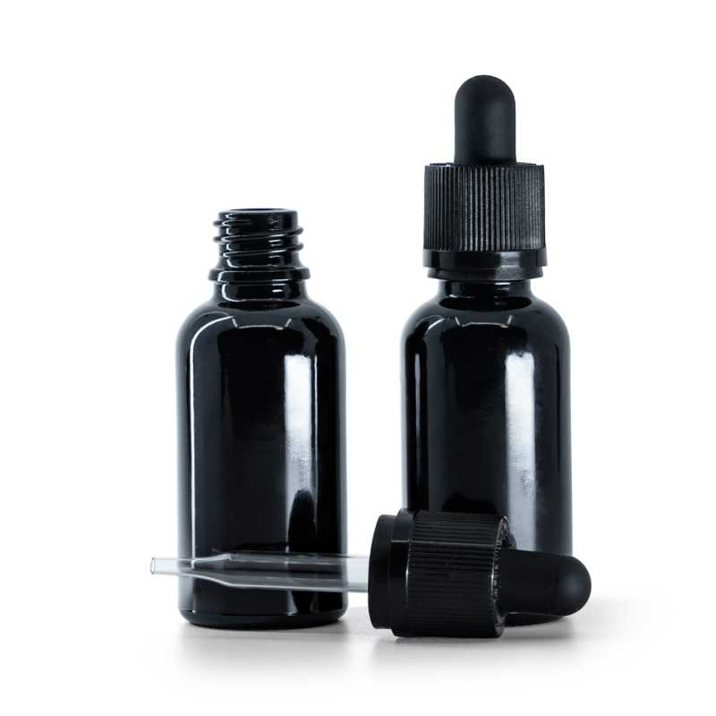 Glänzend schwarze Glasflasche, schwarzer Sicherheitstropfer mit Manipulationssicherung, 30 ml