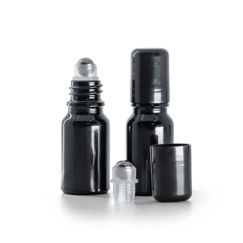 Schwarz glänzendes Glasfläschchen mit Roll-On, 10 ml