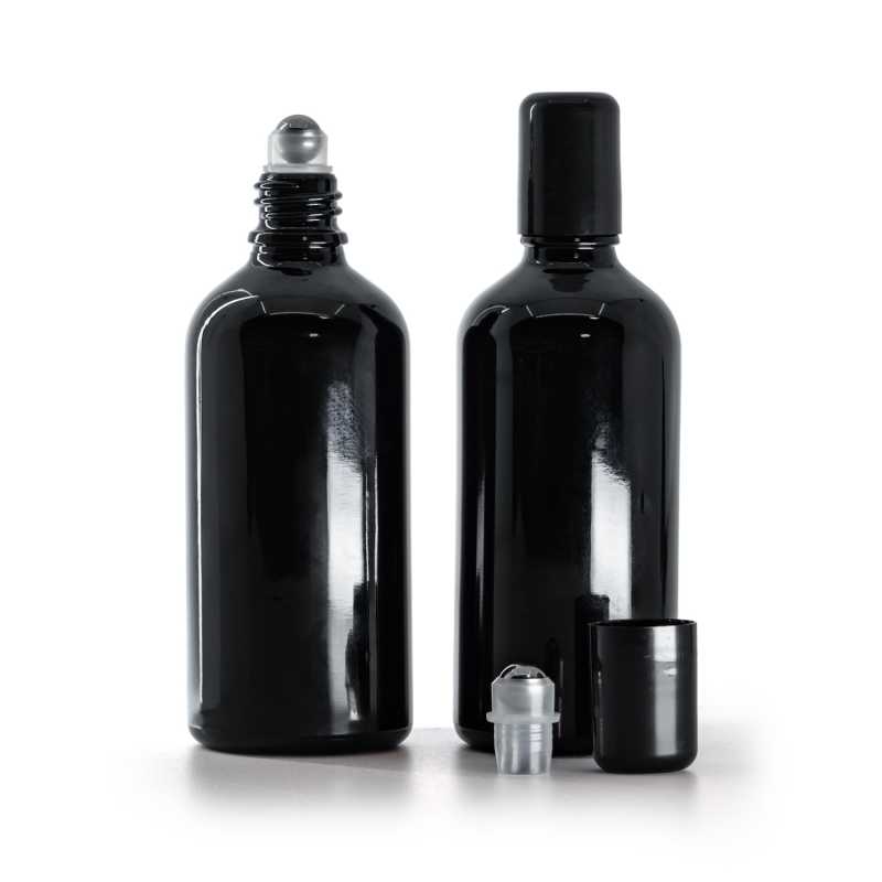 Schwarz glänzende Glasflasche mit Roll-On, 100 ml