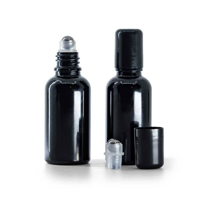 Schwarz glänzendes Glasfläschchen mit Roll-On, 30 ml