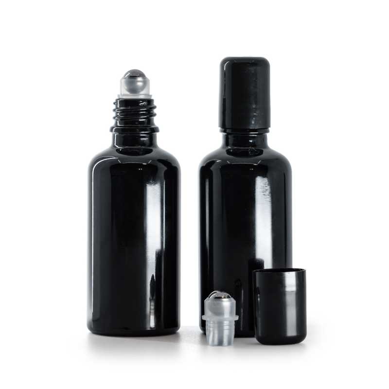 Schwarz glänzende Glasflasche mit Roll-On, 50 ml