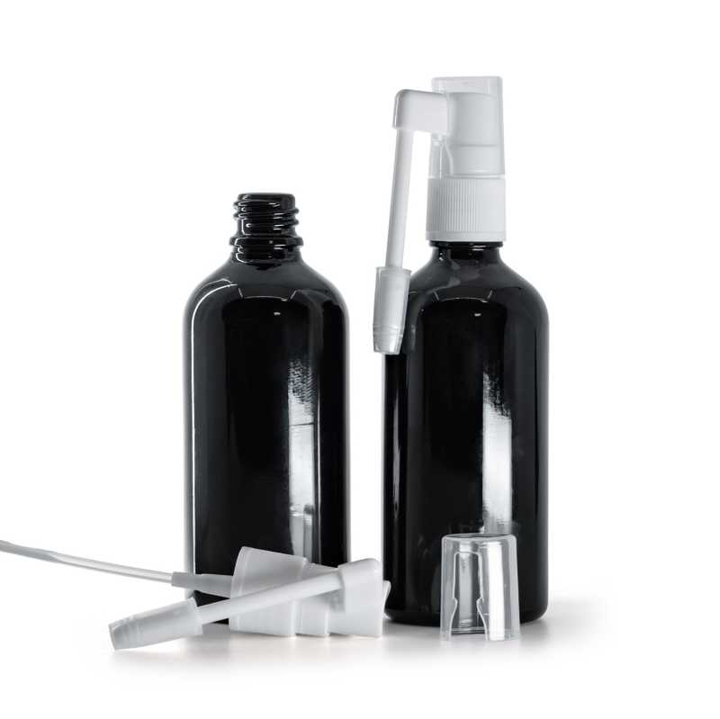 Schwarz glänzende Glasflasche, weißes Mundspray, 100 ml