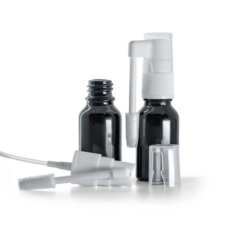 Schwarz glänzende Glasflasche, weißes Mundspray, 15 ml