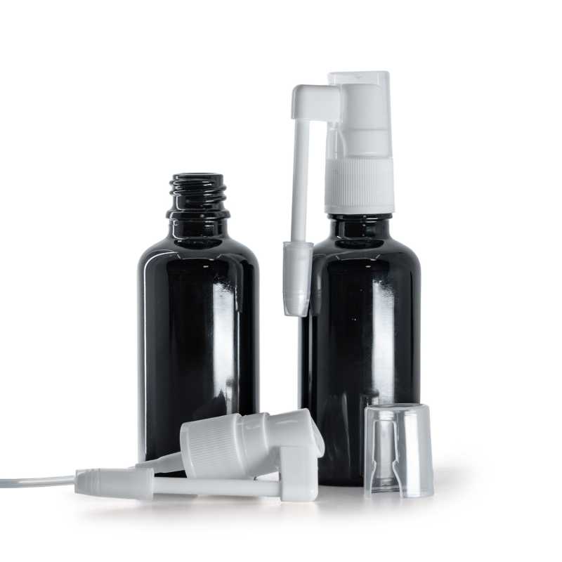 Schwarz glänzende Glasflasche, weißes Mundspray, 50 ml