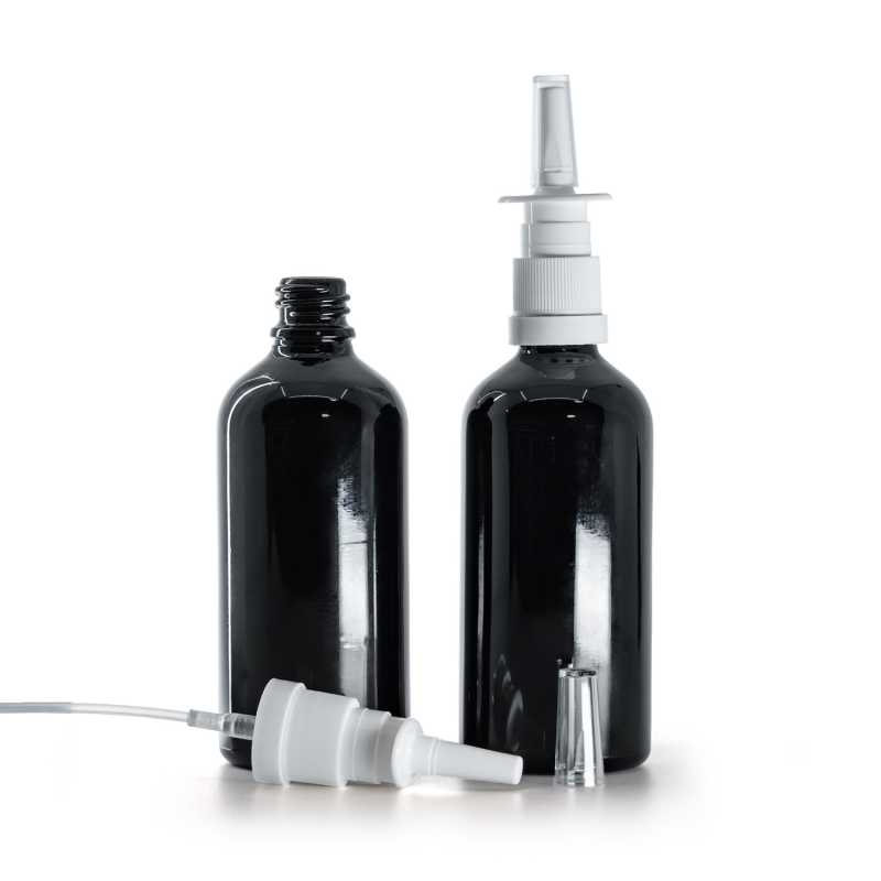 Schwarz glänzende Glasflasche, weißes Nasenspray, 100 ml 