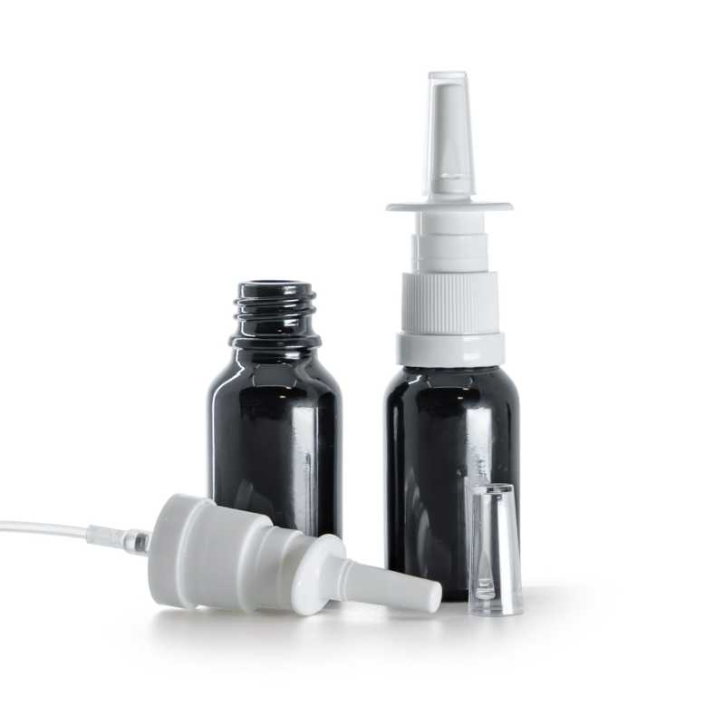 Schwarz glänzende Glasflasche, weißes Nasenspray, 15 ml
