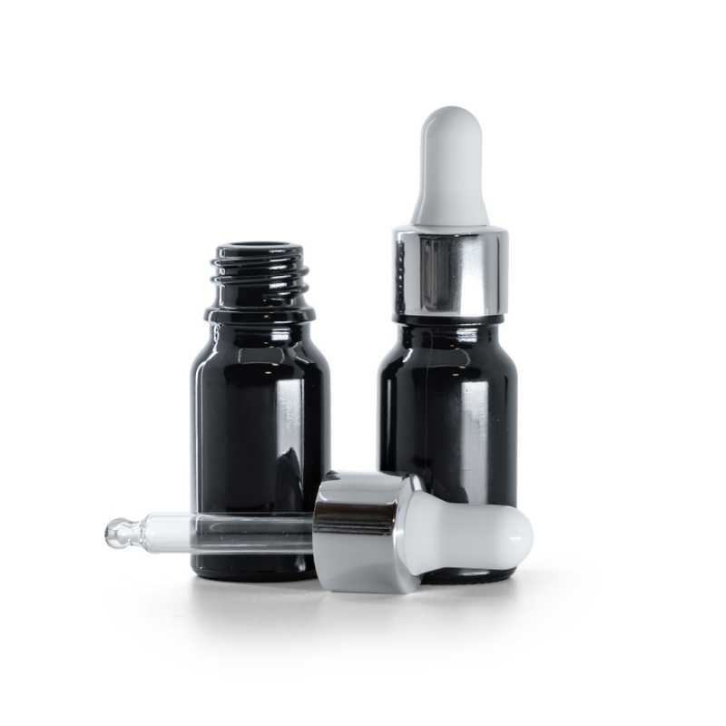Glänzend schwarze Glasflasche, glänzend silberweiße Pipette, 10 ml