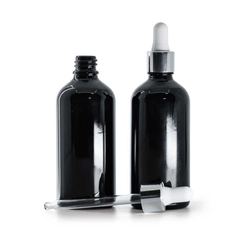 Glänzend schwarze Glasflasche, glänzend silberweißer Tropfer, 100 ml