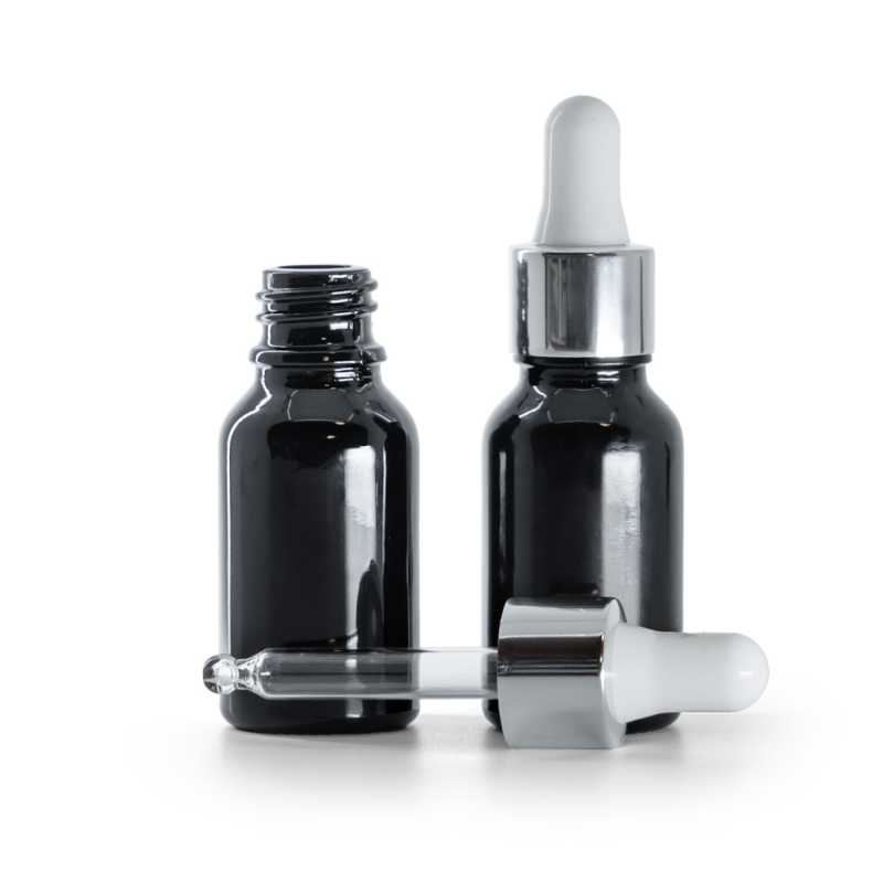 Glänzend schwarze Glasflasche, glänzend silberweiße Pipette, 15 ml