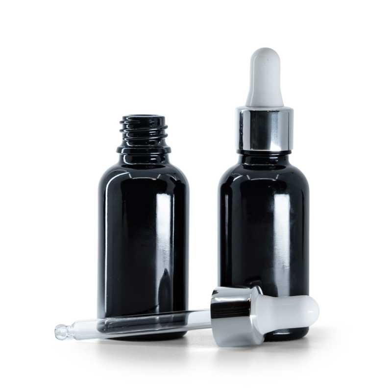 Glänzende schwarze Glasflasche, glänzender silberweißer Tropfer, 30 ml