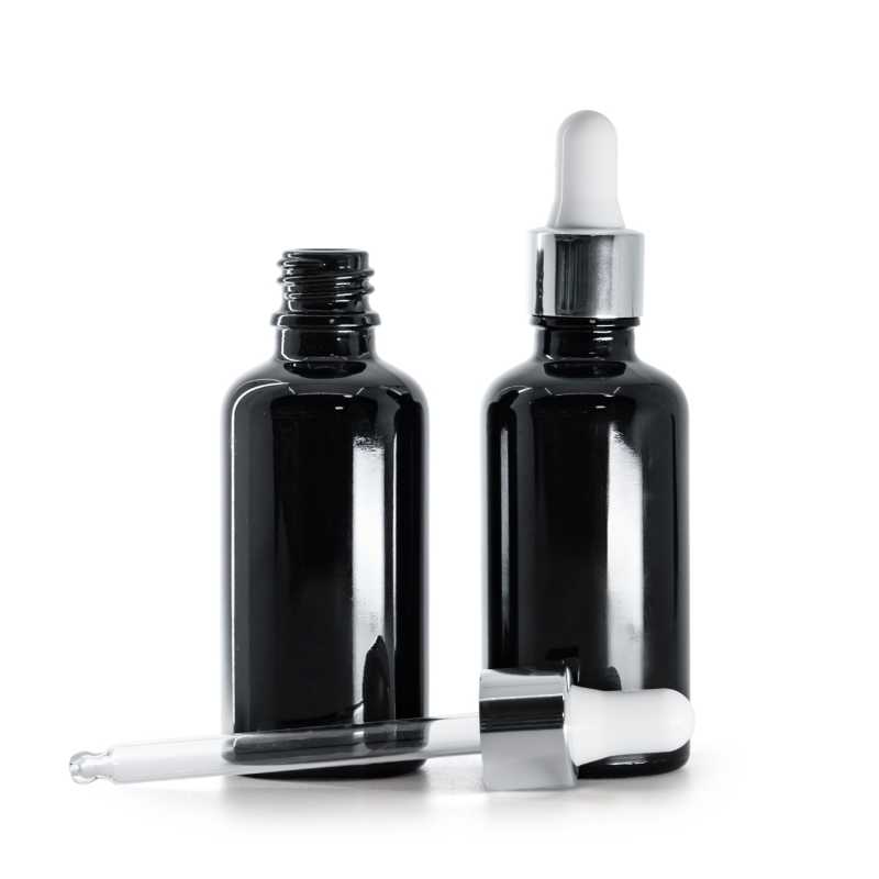 Glänzend schwarze Glasflasche, glänzend silberweißer Tropfer, 50 ml