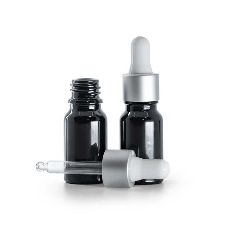 Schwarz glänzende Glasflasche, mattsilberne weiße Pipette, 10 ml