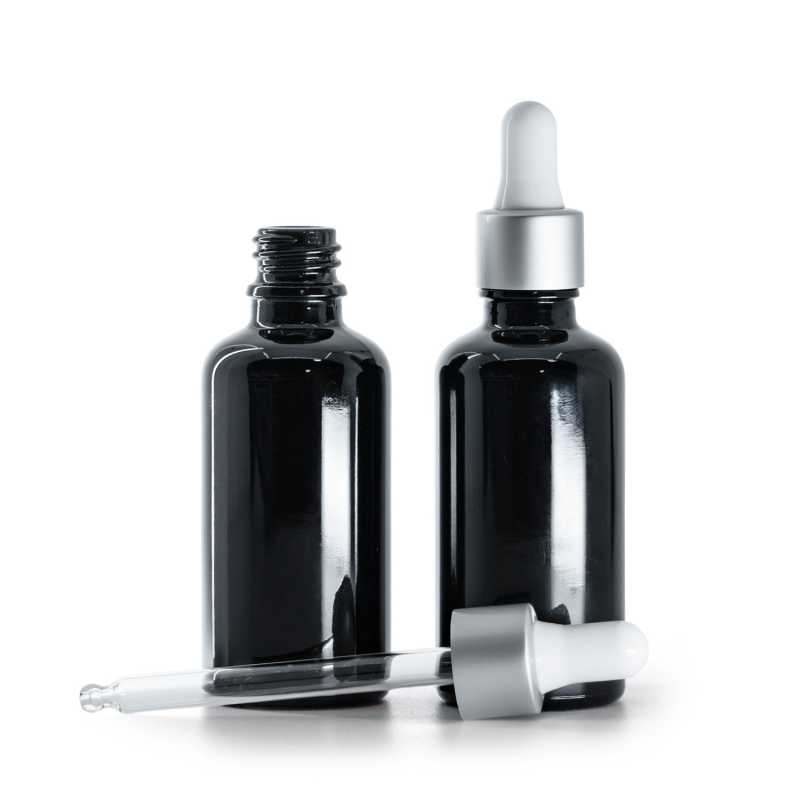 Schwarz glänzende Glasflasche, mattsilberne weiße Pipette, 50 ml