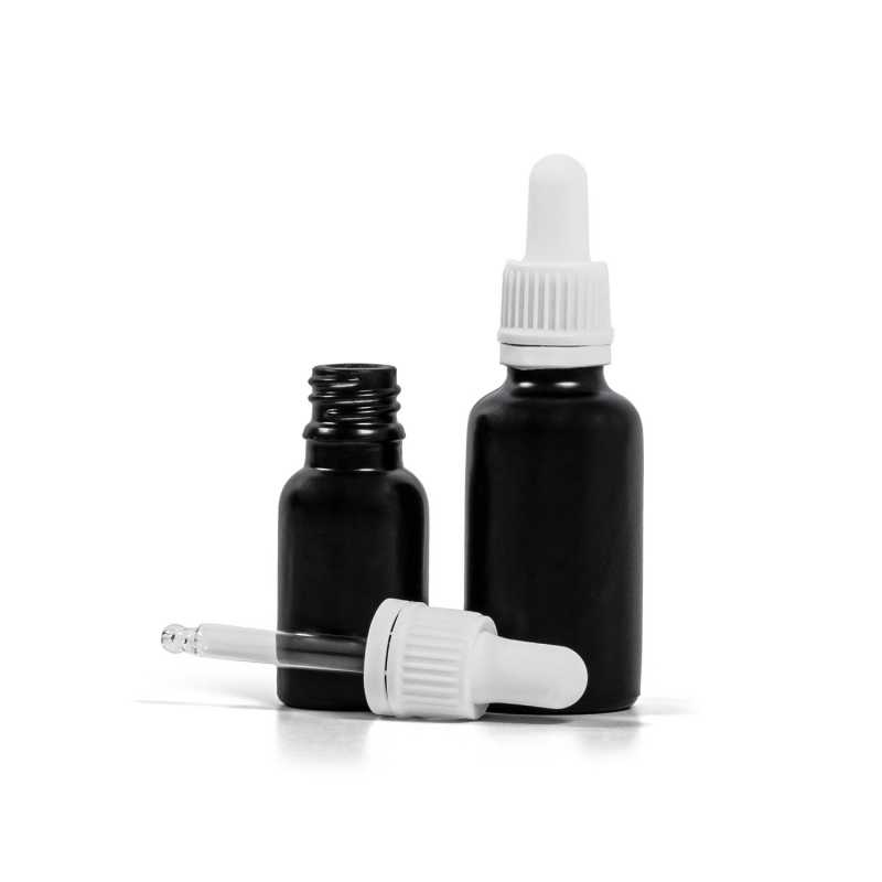 Mattschwarze Glasflasche, weiße Pipette, 15 ml