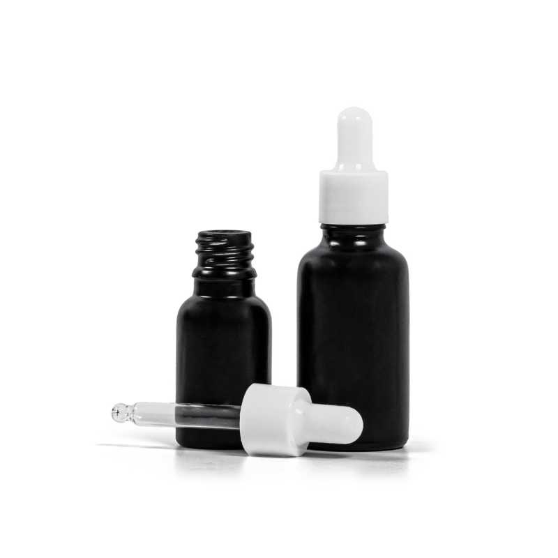 Mattschwarze Glasflasche, glänzender weißer Tropfenzähler, 15 ml