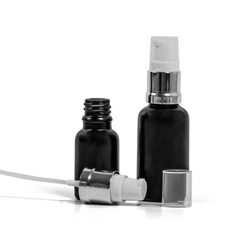 Mattschwarze Glasflasche, glänzende silberweiße Pumpe, 30 ml