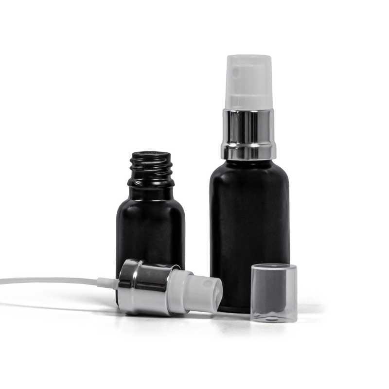 Mattschwarze Glasflasche, glänzend silberweißes Spray, 15 ml