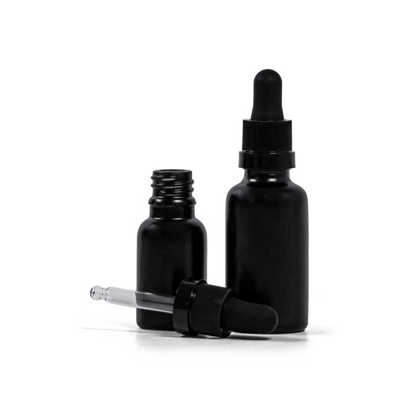Mattschwarze Glasflasche, mattschwarzer Tropfer mit glänzendem Streifen, 15 ml